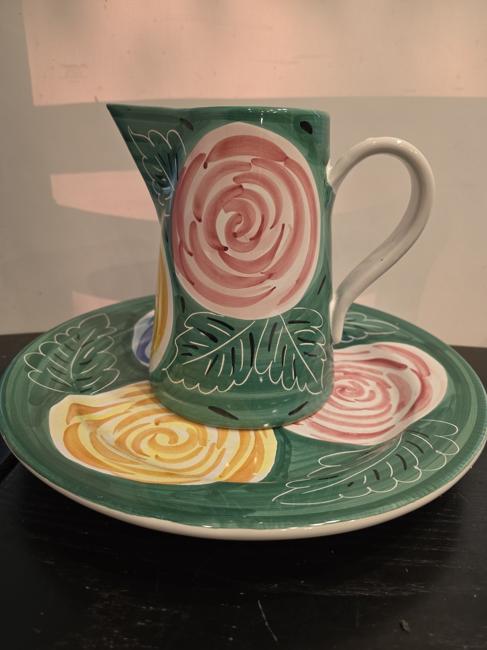 Vintage Pier 1,handpainted Pitcher &tray,Italy, Rustic Italian Majolica Style